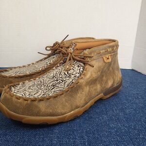 Twisted X Womens Driving Moc Chukka Boots Brown Floral Embossed Leather Shoes
